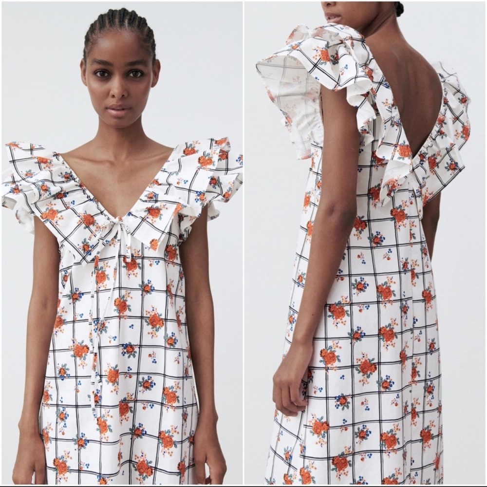 ZARA Plaid Dress with Ruffle Collar and Orange Roses